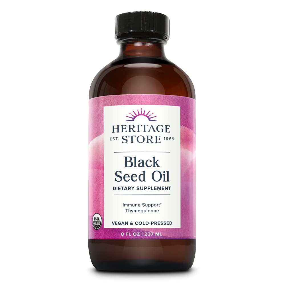 HERITAGE OPBEVARING Black Seed Oil, Organic, Cold Pressed Nigella Sativa supplement med Thymoquinon, Omega 3 6 9, Antioxidant, Immunitet, Cholesterol, fordøjelsesbesvær, Heart & Join Health Support *, Vegan, 8oz