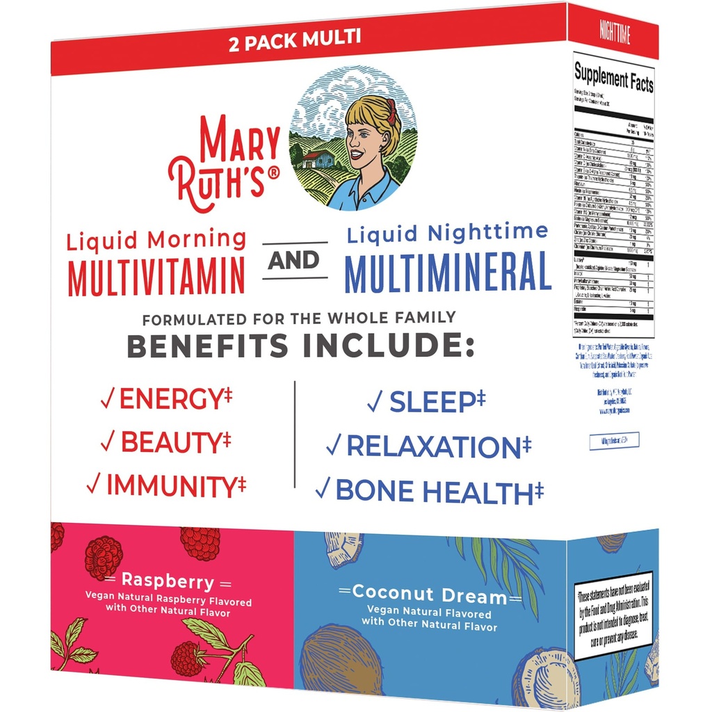 MaryRuth Organics Flydende morgen Multivitamin & Flydende Nighttime Multimineral Bundle, Vegan Vitamin C, D-vitamin, B-kompleks, Magnesium, energi, skønhed, søvn støtte, NO Melatonin, 32 Fl Oz hver