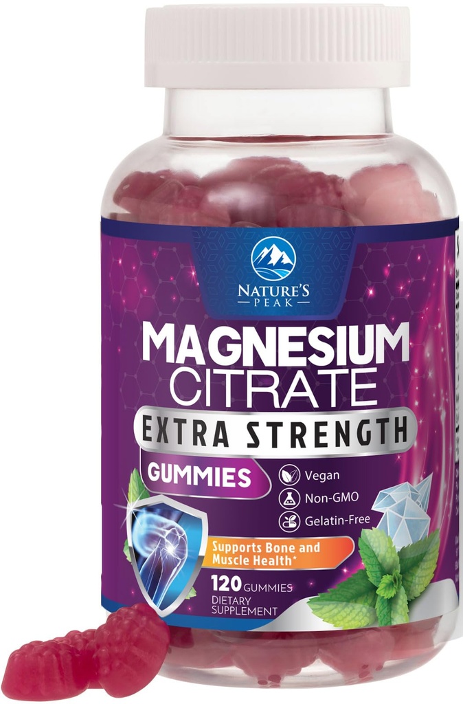 Magnesium Citrate Supplement Gummies - Høj Absorption Magnesium Gummy til voksne og børn, Magnesio Citrate Kosttilskud til ben, Muskel Sundhed, Heart Support, Vegan, Gluten Free, Non-GMO - 120 Gummies