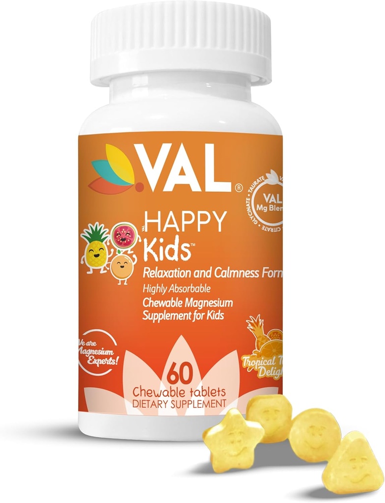 VAL Magnesium for Kids | High-Absorption Magnesium for Calm, Relaxation & Focus | Mg Glycinate, Citrate & Taurate | with Vitamin B6, D & C | Sugar-Free, Non-GMO | 60 Chewable Tablets