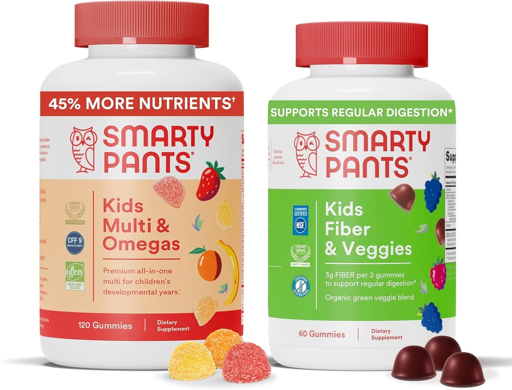 SmartyPants Kids Multivitamin + Fiber & Veggie Bundle: Omega 3 Fiskeolie, Prebiotic Fiber, Glutenfri, Tre Frugt & Blandede Berry Flavors, Multi & Omegas (120 Count) + Fiber & Veggies (60 Count)