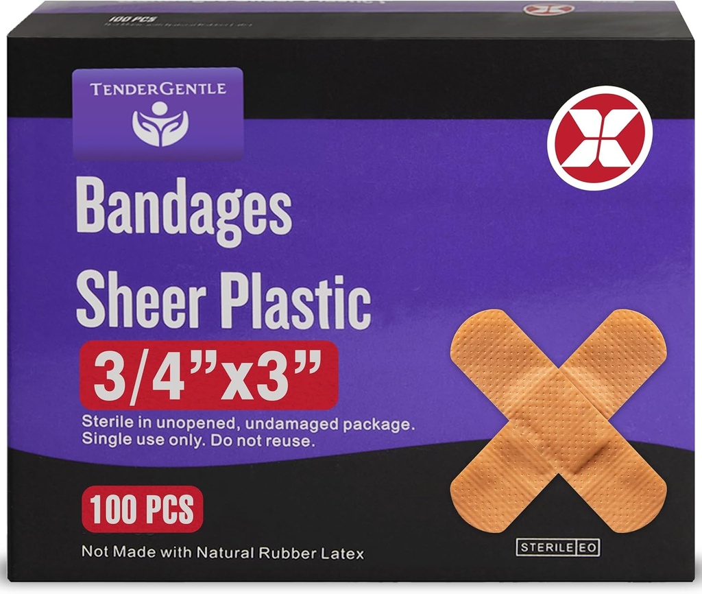 Klæbebånd - kasse med 100 3 / 4 "Fleksible Sheer Plastic Bandager til cuts, Scrapes, Burns - Latex Free, Steril små Bandages
