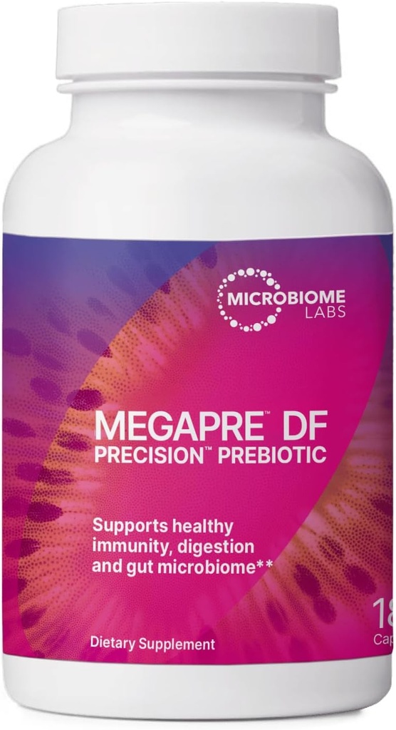 Mikrobiome Labs MegaPre DF - Dairy- Free Prebiotic Fiber Supplement - Gut Health Prebiotika til kvinder, mænd & børn 3 + - Støtte Mikrobiologisk mangfoldighed (180 kapsler)
