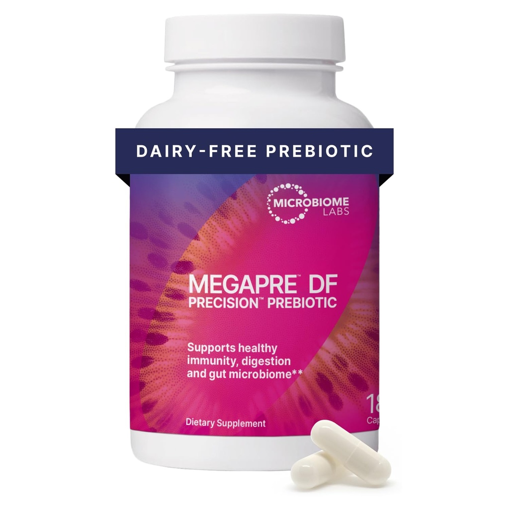Mikrobiome Labs MegaPre DF - Dairy- Free Prebiotic Fiber Supplement - Gut Health Prebiotika til kvinder, mænd & børn 3 + - Støtte Mikrobiologisk mangfoldighed (180 kapsler)