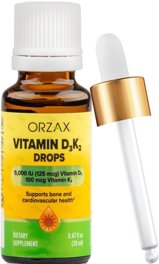 ORZAX Vitamin D3 K2 Drops - Supports Bone Density and Calcium Absoprtion - for Bone, Muscle and Heart - (0.67fl oz - 20 ml)