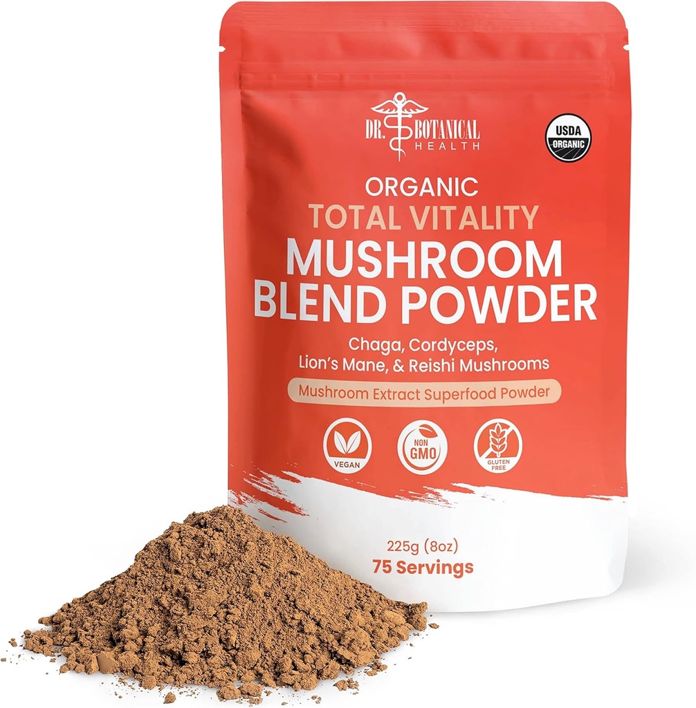 Organic Mushroom Powder Blend - 4-in-1 Reishi, Lions Mane, Cordyceps og Chaga Mushroom Supplement Extract Complex, Mushroom Blend pulver til immunboost & Brain Support, Tilføj til kaffe, te eller vand