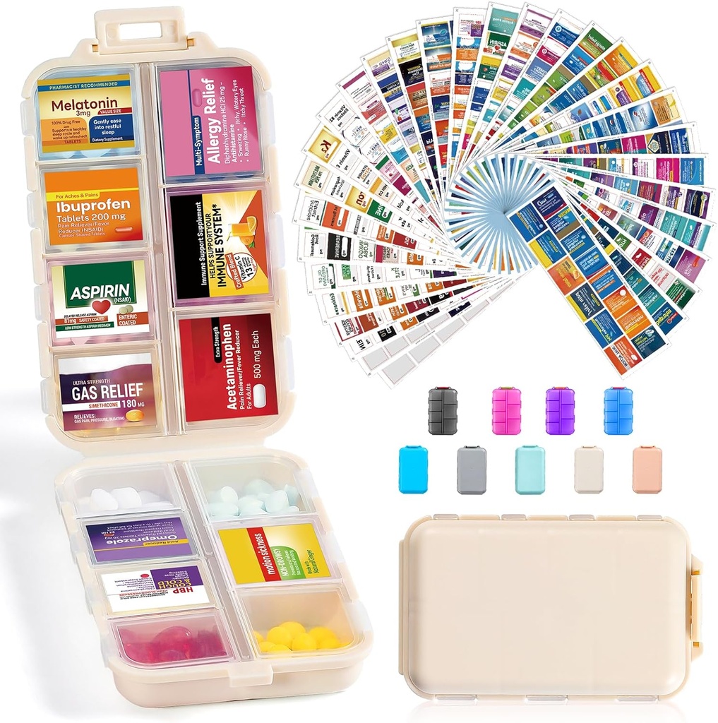 14 Grids Travel Pill Organizer Box med 415-Pcs Medicine Navn Labels - Pocket Daily Apotacy Case Container Kit - Travel Medication Holder Dispenser for Fish Oil Vitamin Supplement Storage - Khaki