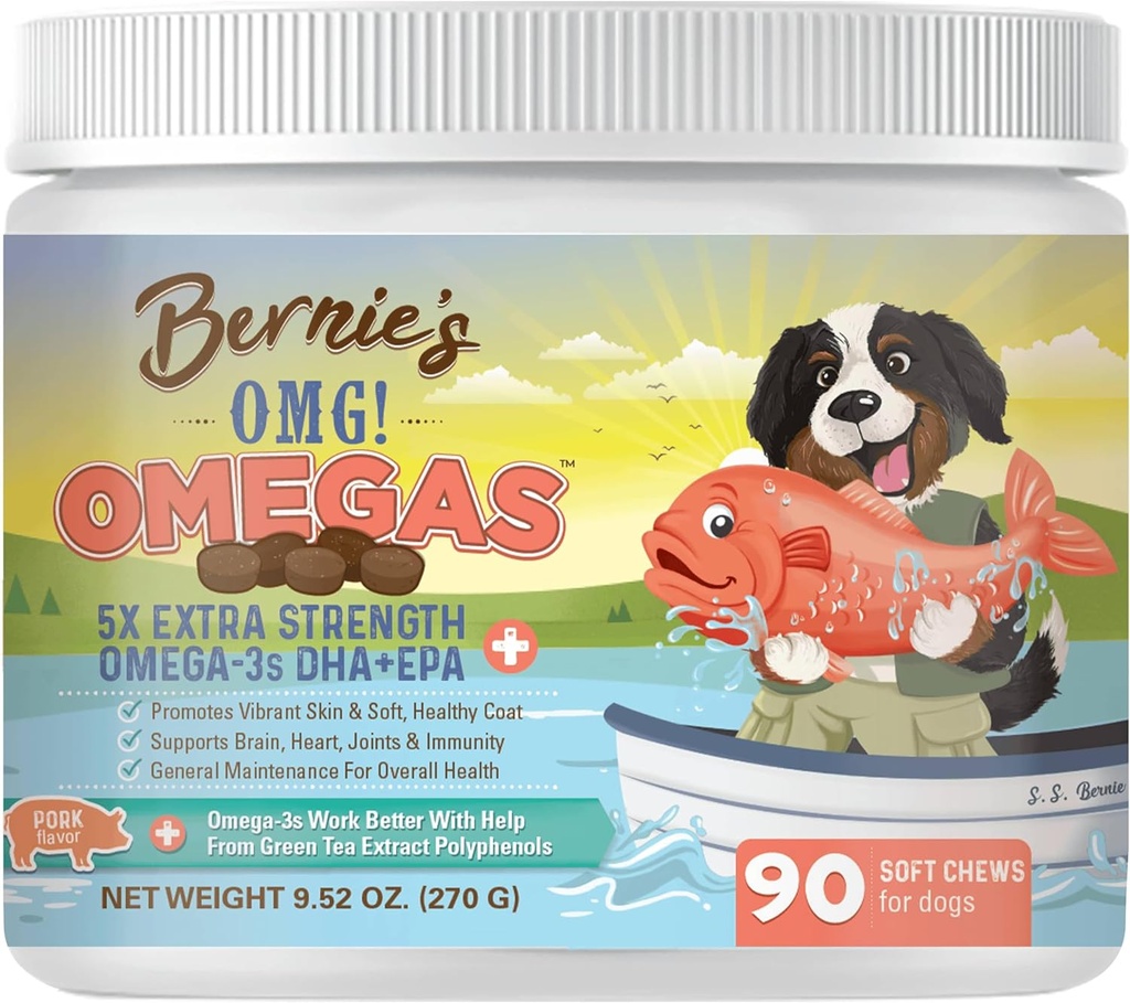 Bernie er OMG! Omegas Chews for Hunde - 5X Extra Strength DHA + EPA, Fish Oil, Sund Hud & Coat, Allergi Relief, Fælles tillæg (Svinekød)