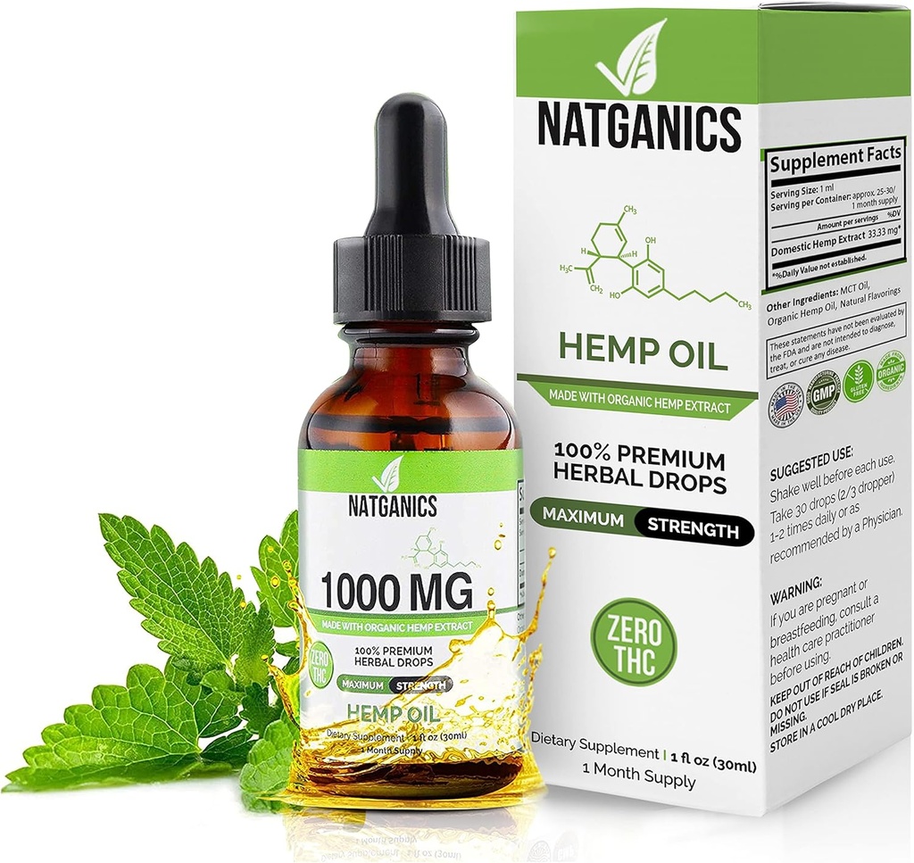 Økologisk Hamp Oil 1000mg - Ultra Premium Hamp Oil Drops 1000mg - Natural Hamp Oil Extract Tinktur - Non-GMO Ultra- Pure CO2 Ekstraherede Drops - Omega Fedtsyrer 3 6 9 - Organisk dyrket & Fremstillet i USA