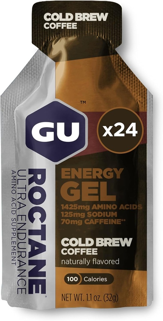 GU Energy Roctane Ultra Endurance Energy Gel, Vegan, Gluten- Free, Kosher, og Dairy- Free On- The- Go Sportsernæring til løb, cykling, vandreture eller Skiing, Cold Brew 2X Koffein (24 Pakets)