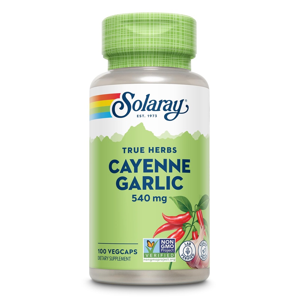 SOLARAY Cayenne Hvidløg 540 mg - Cayenne Pepper og Hvidløg Kosttilskud med Capsaicin - Tilvejebringelse 40.000 varmeenheder - non-GMO projekt Verificeret, Vegan, 60- dag garanti - 100 Servere, 100 VegCaps