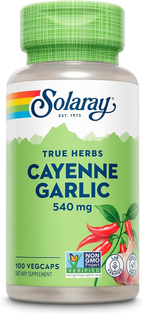SOLARAY Cayenne Hvidløg 540 mg - Cayenne Pepper og Hvidløg Kosttilskud med Capsaicin - Tilvejebringelse 40.000 varmeenheder - non-GMO projekt Verificeret, Vegan, 60- dag garanti - 100 Servere, 100 VegCaps