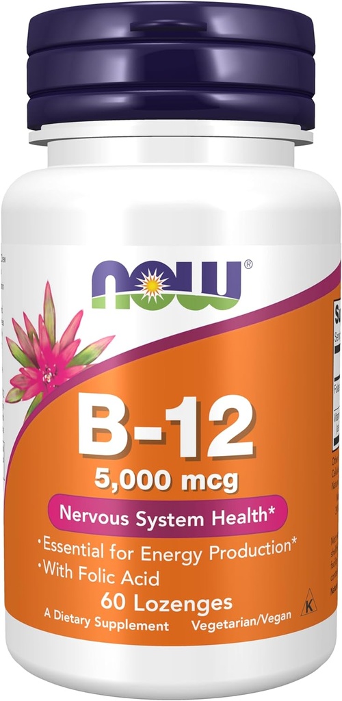 NOW Foods Supplements, Vitamin B-12 5,000 mcg, With Folic Acid, Nervous System Health*, 60 Lozenges