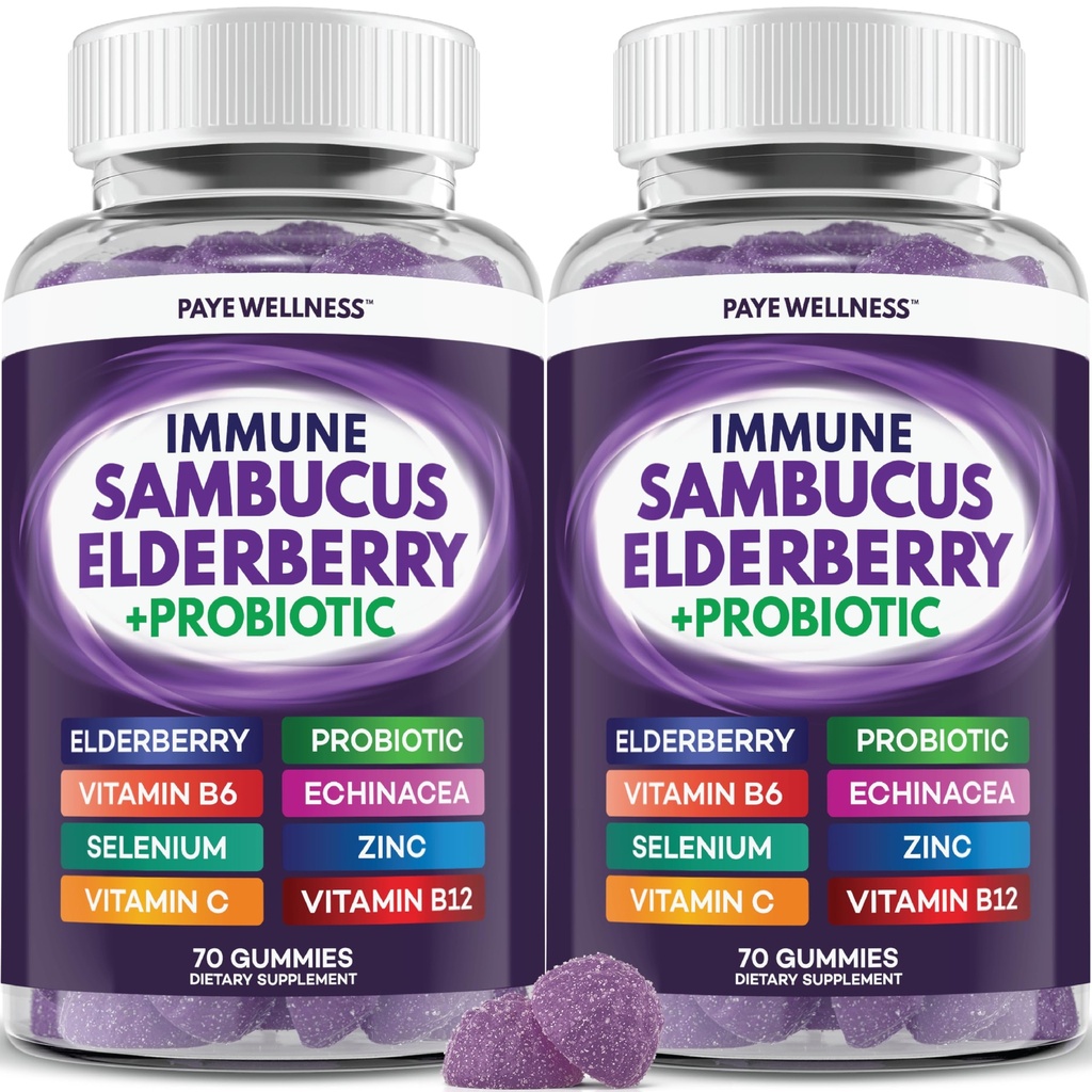 Elderberry Gummies immunforsvar, daglig støtte til børn og voksne *, med Sambucus Elderberry, Zink, C-vitamin, D3, B6, B12, Plus - Kosttilskud - 140 Tæl