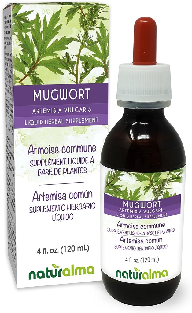 Naturalma Mugwort (Artemisia vulgaris) urt med blomster Alkohol- Gratis tinktur - 4 fl oz flydende ekstrakt i dråber - Urtetilskud - Vegan