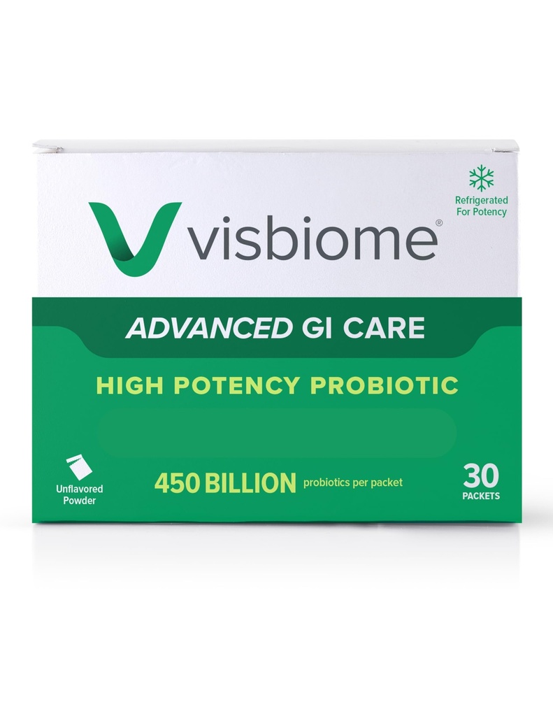 Visbiome ® Advanced GI Care - High Potency Probiotic 450 Millioner Styrke - 30 Pakker Unflavored Powder - Original De Simone Formulering - Shipped Cold i genanvendelige køler med temperatur skærm.