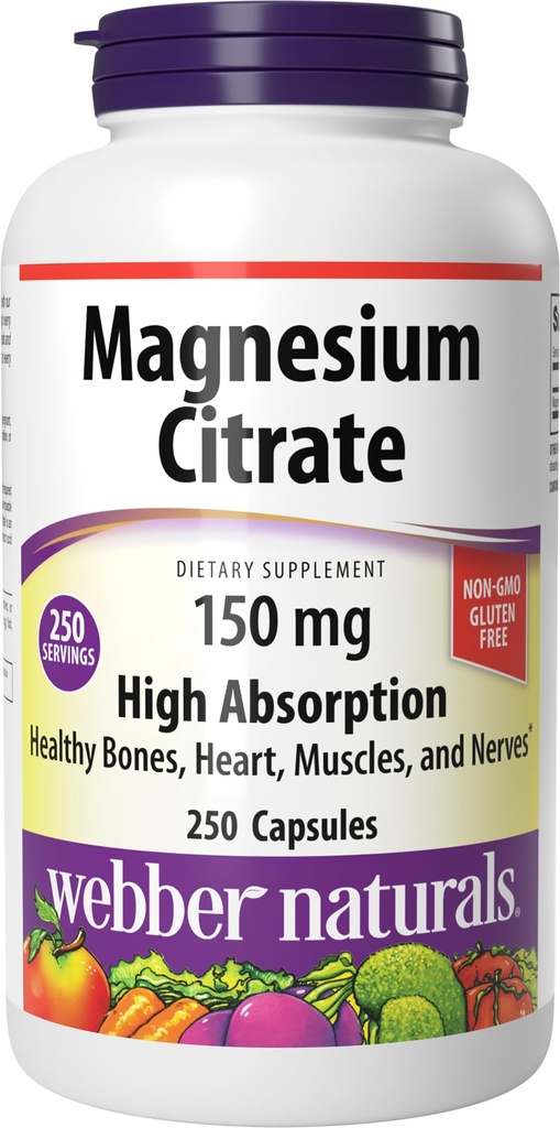 Webber Naturals Magnesium Citrate, 150 mg Per kapsel, 250 kapsler, høj absorption, Hjælper Support Bones, Tænder og korrekt muskel & hjerte funktion, Gluten & Dairy Free