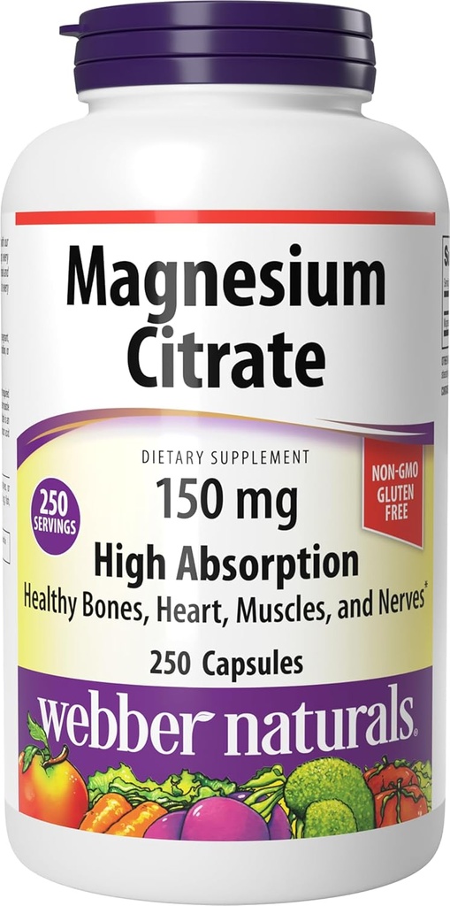 Webber Naturals Magnesium Citrate, 150 mg Per kapsel, 250 kapsler, høj absorption, Hjælper Support Bones, Tænder og korrekt muskel & hjerte funktion, Gluten & Dairy Free