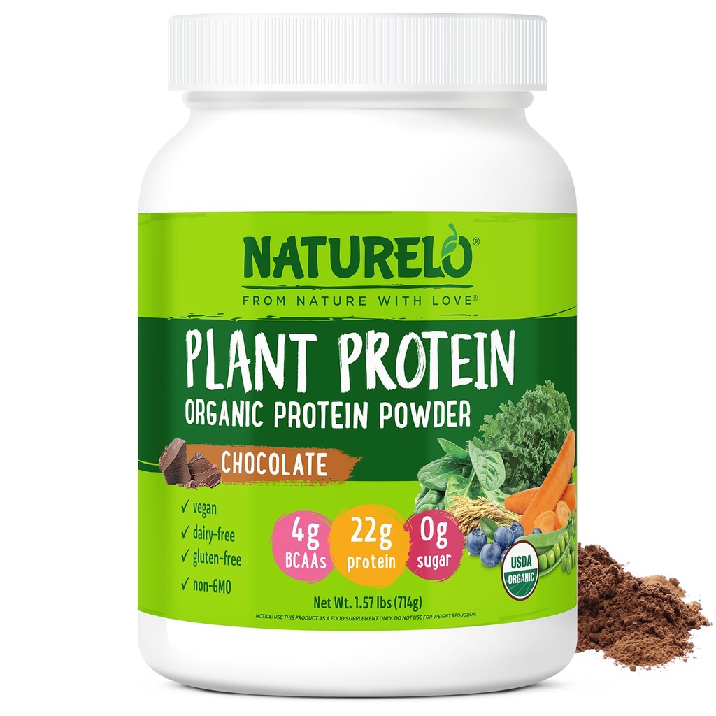 NATURELO Plante Protein Powder, Chokolade, 22g Protein - Non-GMO, Vegan, No Gluten, Dairy, eller Soy - Ingen kunstige smagsstoffer, Syntetiske Farver, Konserveringsmidler, eller Tilsætningsstoffer - 20 Servere