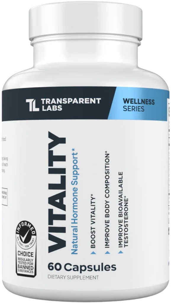 Transparent Labs Vitality Testosteron Booster - Testosteron supplement til mænd med Ashwagandha KSM- 66, PrimaVie Shilajit Extract, & DIM til støtte Vitality, & Biotilgængelig Testosteron - 60 Greve