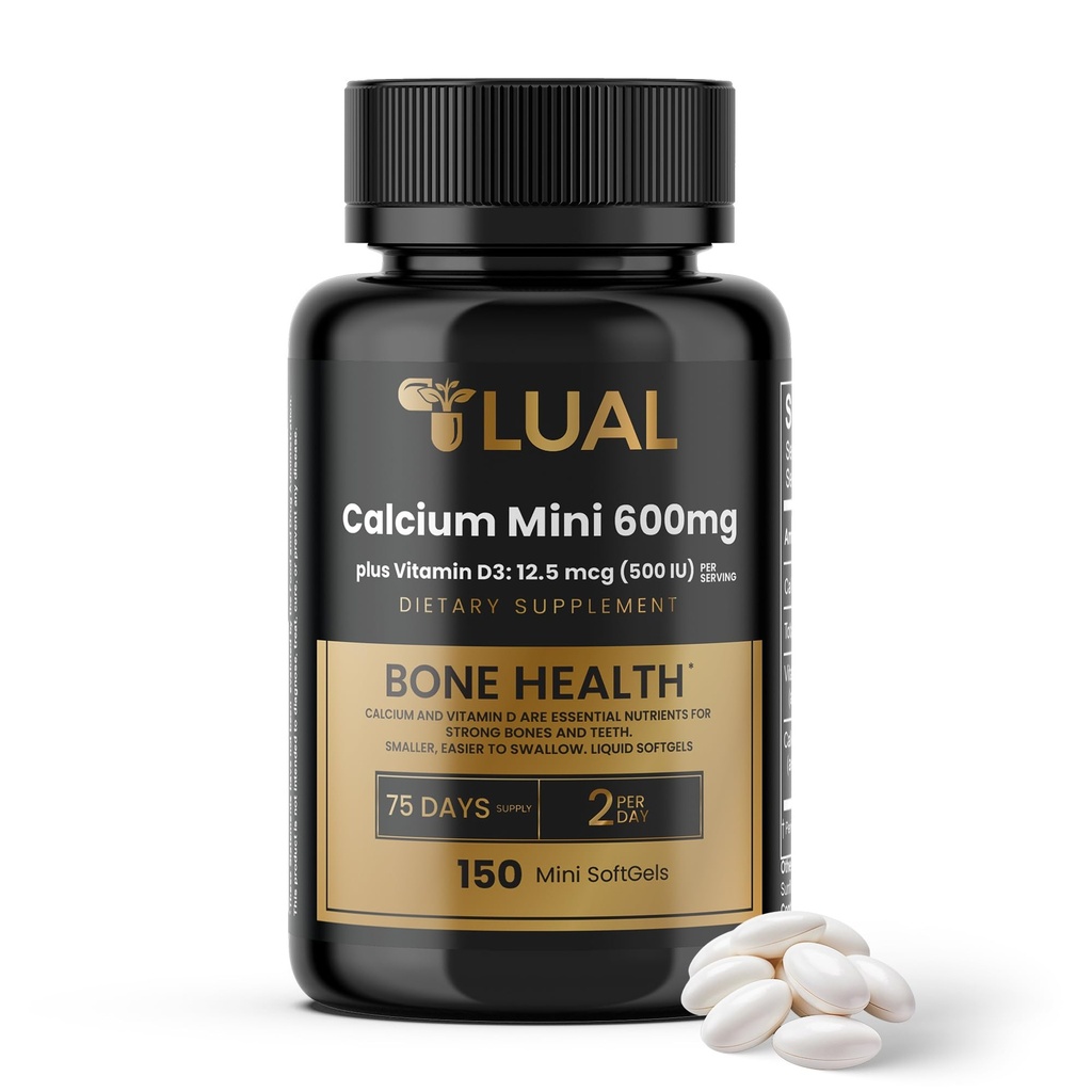 LUAL Calcium Minis 600 mg med D3- vitamin - Knogle- og muskelstøtte - 150 Mini Softgels - Let at synke - Calcium & D3 for stærke knogler og mobilitet