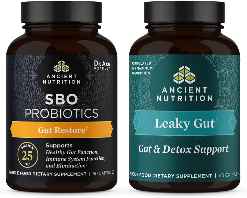 Ancient Nutrition SBO Gut Genopret Probiotika kapsler, 60 Grev + Leaky Gut kapsler, 60 Greve