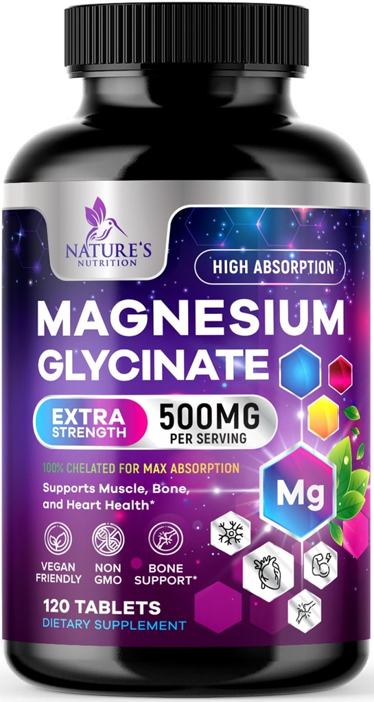 Magnesium Glycinat 500mg - Chelated for Ultra Absorption - Understøtter ben, muskel, nerver og hjerte sundhed, Nature 's Sleep Support, Bedste Magnesium supplement piller til hele kroppen støtte - 120 tabletter