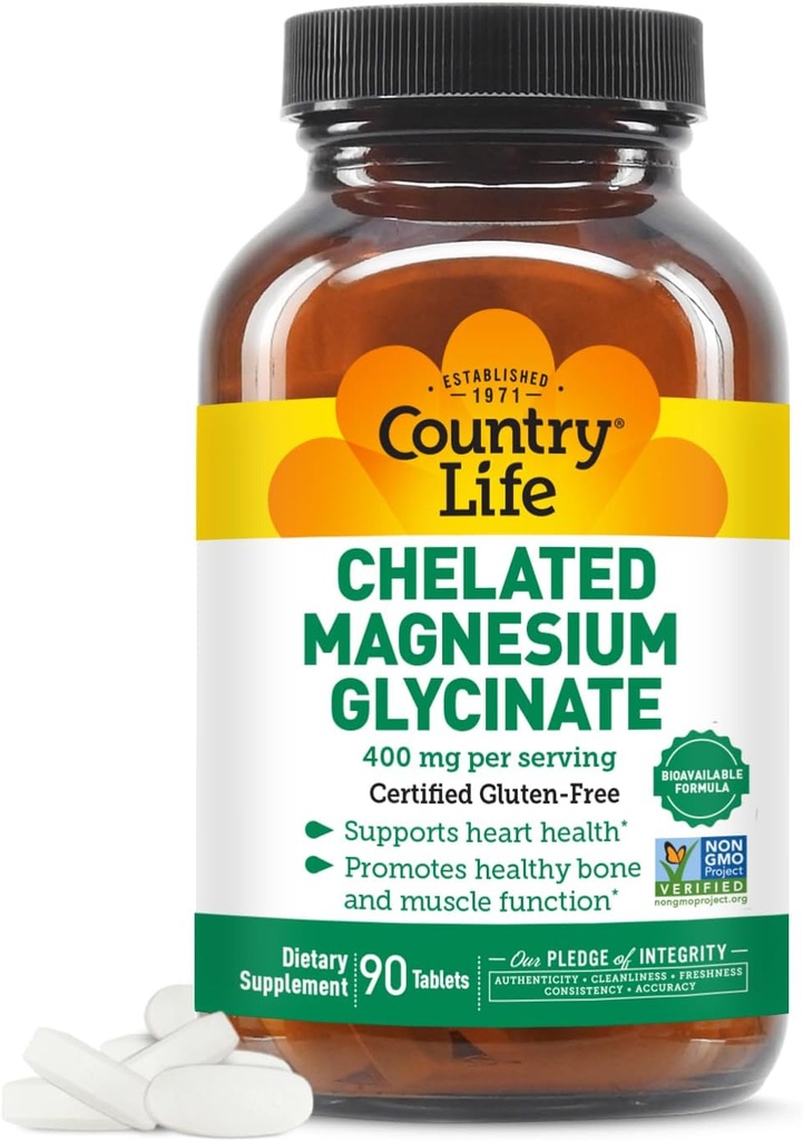 Country Life Chelated Magnesium Glycinate 400mg, 90 tabletter, Certified Gluten Free, Certified Vegan, Certified Halal, Non- GMO Verified