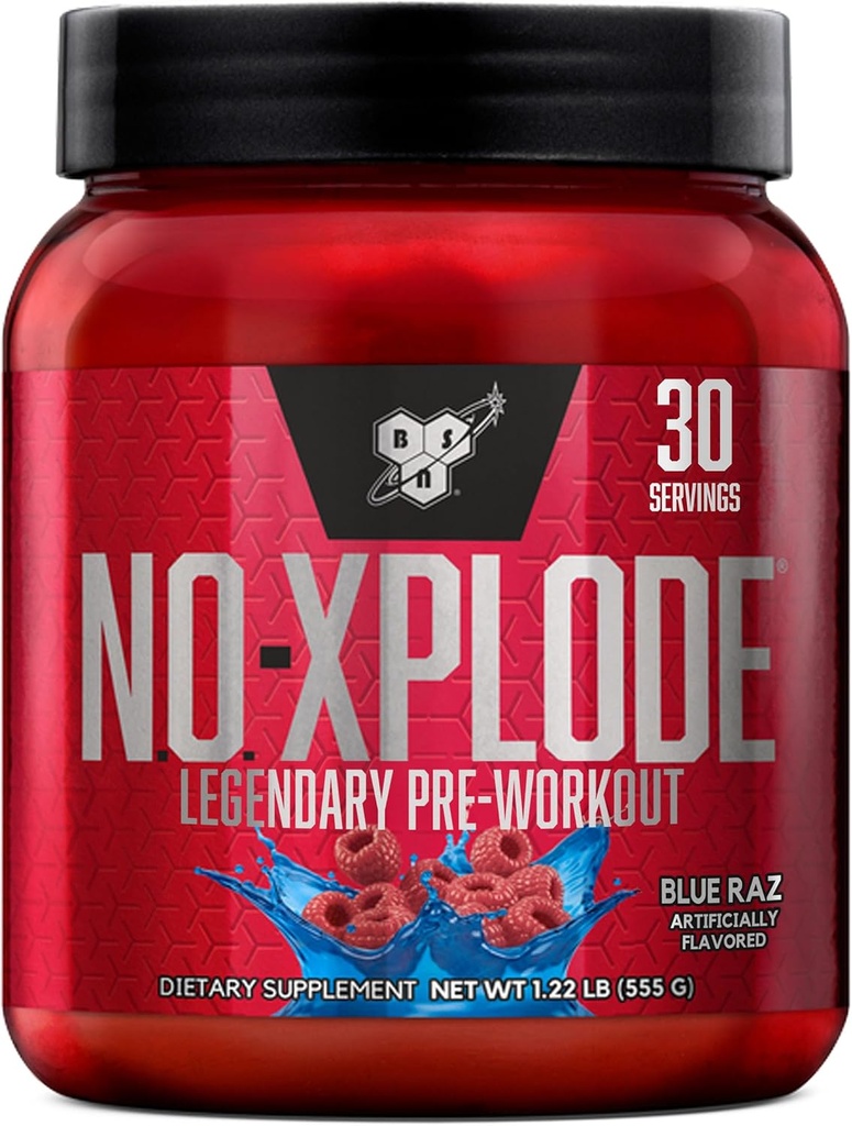 BSN N.O.-XPLODE Pre Workout Powder, Energisupplement for mænd og kvinder med Creatin og Beta- Alanine, Flavor: Blue Raz, 30 Servere