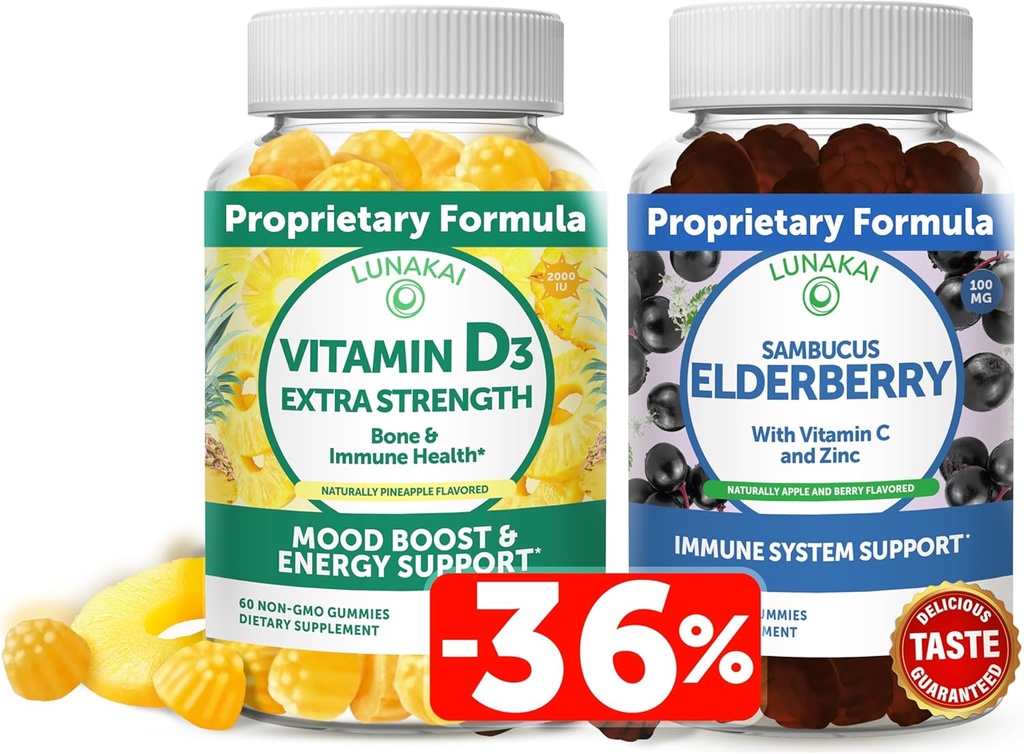Lunakai Vitamin D3 og Elderberry Gummies Bundle - Immunitet, Bone og Mood Support for voksne & Børn - Non- GMO, Ingen Corn Syrup, Alle naturlige vingummi