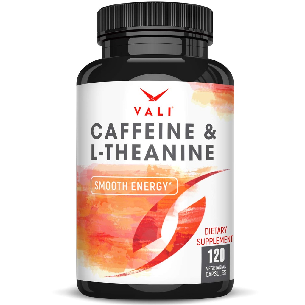 VALI Koffein 50mg & L Theanine 100mg - Koffein piller & L- Theanin til Smart Glat Energi & Focus Supplement. Nootrop Brain Booster Kognitiv Support Stack & Focused Clarity. 120 Veggie kapsler
