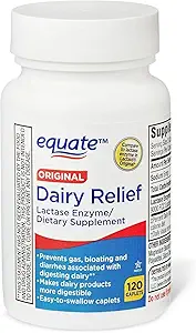 Dairy Relief Caplets, Original, Lactase Enzyme, 120 Pills by Equate (Pack of 1) + Sticker