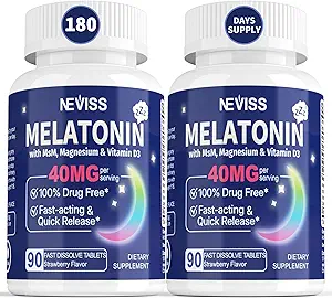 Melatonin 40 mg til voksne - Hurtig opløsning og tyggetabletter Sublingual Sleep Supplement - Ekstra styrke Melatonin med vitamin D3 & MSM, Selenium til sundhed hvilecyklus, Deep Zzzs, Sugar- Free, 180 Servere