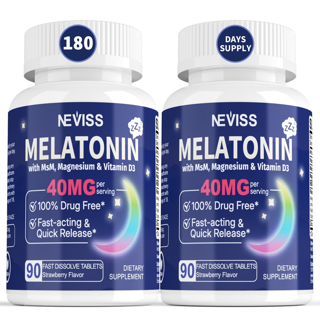 Melatonin 40 mg til voksne - Hurtig opløsning og tyggetabletter Sublingual Sleep Supplement - Ekstra styrke Melatonin med vitamin D3 & MSM, Selenium til sundhed hvilecyklus, Deep Zzzs, Sugar- Free, 180 Servere