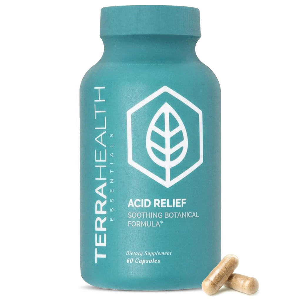 Terra sundhed essentials - Acid Relief Mea124; All- Natural Acid Reflux Relief, Heartburn, fordøjelsesbesvær Supplement Measures 124; 30- Day Supply (60 kapsler)