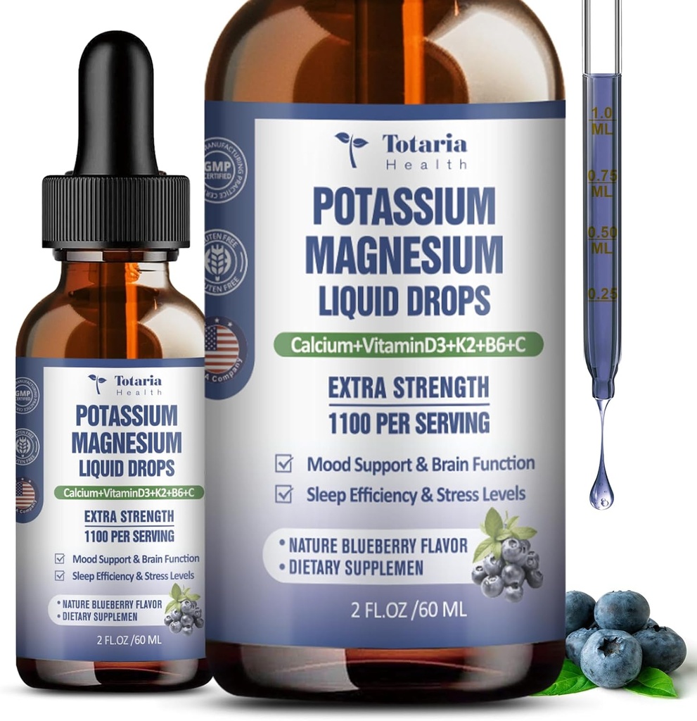 (2 pakker) Kalium Magnesium supplement flydende dråber - 200mg Kalium & 600mg Triple Complex Magnesium Glycinate flydende citrat Oil High Absorption Potasio Support Bone, Muskel, Leg kramper