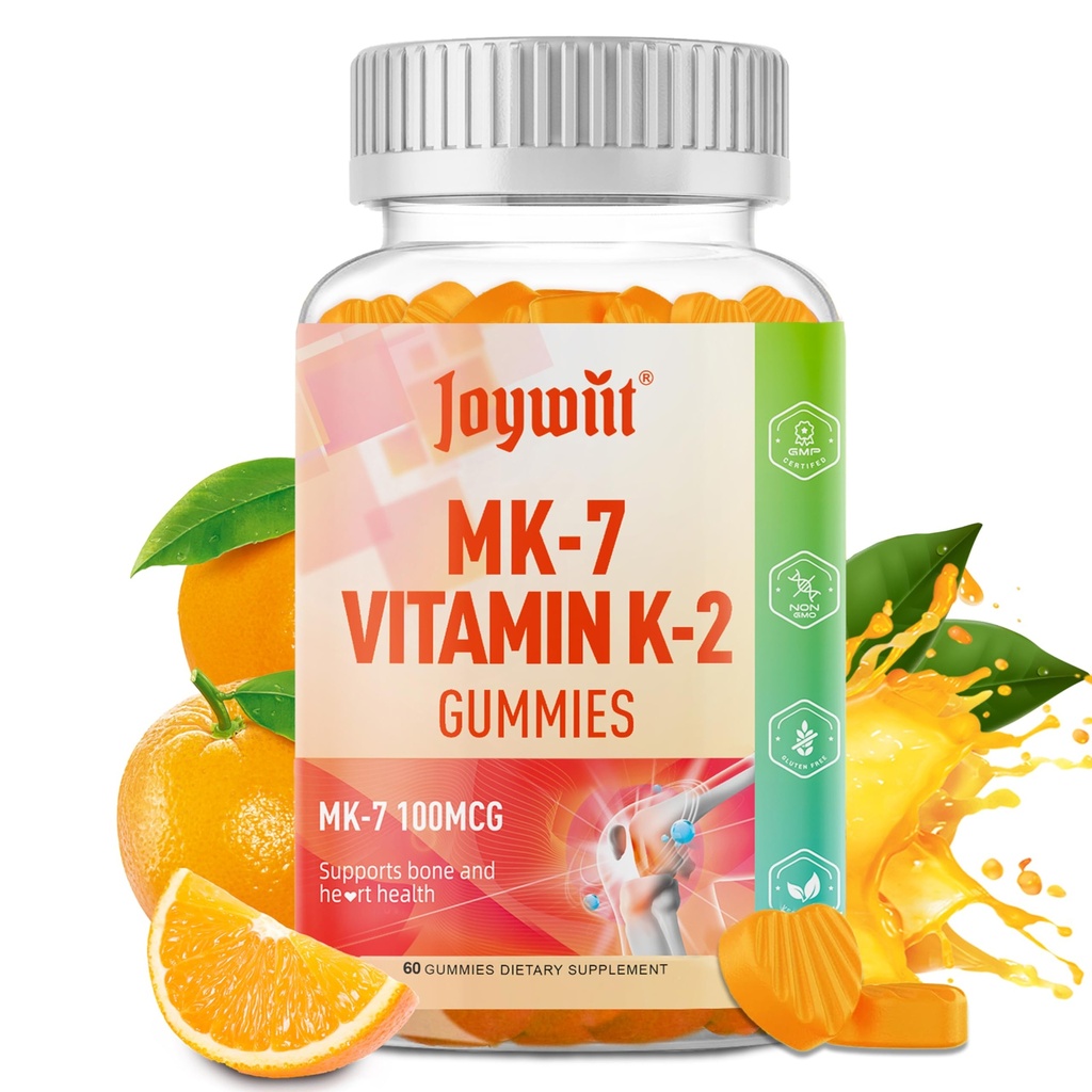 Vitamin K2 MK- 7 Gummies 100mcg, Ekstra styrke K2 Vitamin supplement til ben & he- Art Support, Chewable Natural Orange Flavor, Ikke GMO, Vegan, 60 Gummies