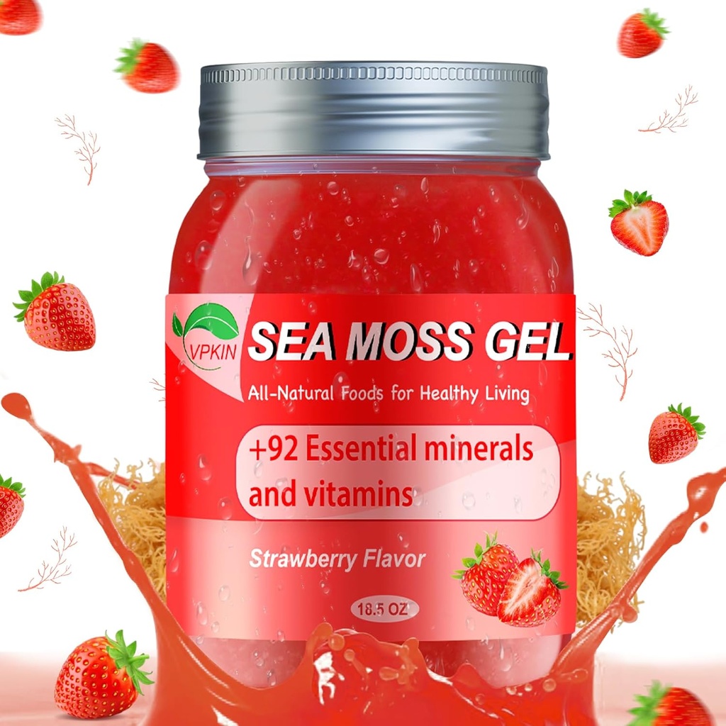 Sea Moss Gel, Organic Raw Irish Seamoss Gel Advanced Superfood, immun og fordøjelsesstøtte, Vitamin og mineraler tillæg (Jordbær, 18.5OZ)
