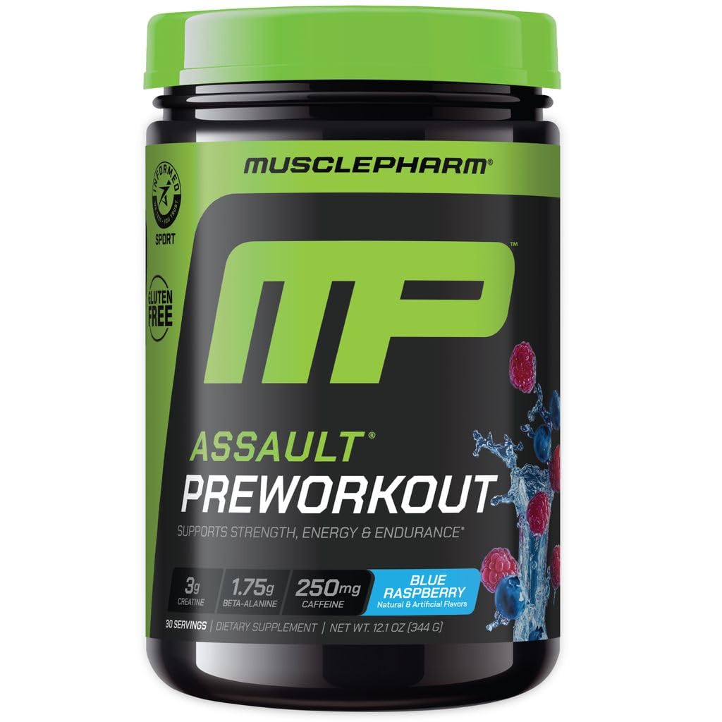 MusclePharm Assault Pre Workout pulver til mænd og kvinder - Energi & Styrke Boost præ-workout Kosttilskud med Beta Alanine, Koffein, Creatin & Betain Vandfri - 30 Servering, Blå Raspberry Flavor