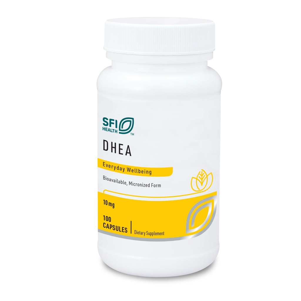 SFI Health Klaire Labs DHEA 10mg - Dehydroepiandrosterone Derived from Wild Yam - Mikroniseret for Superior Absorption - Soy- Free, Hypoallergen Supplement for mænd og kvinder (100 kapsler)