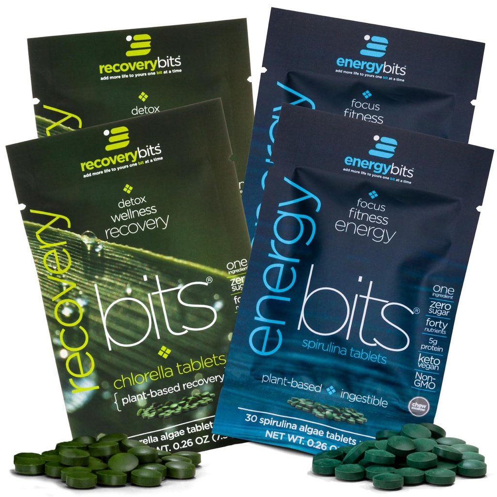 ENERGYbits / RECoverYbits - Organic Spirulina & Chlorella Tablets - Single Serving Sample Packs - Alger Superfood - High Protein, Chlorophyll - Self Care - Vegan, Keto, Gluten Free - 4 poser, 30 / Bag