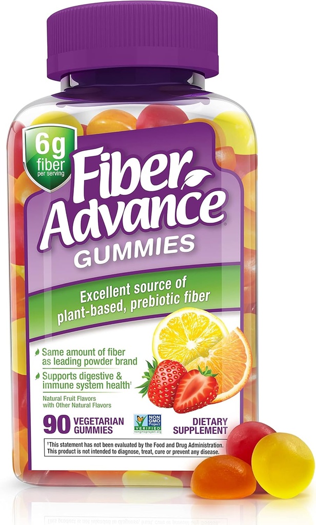 Fiber Advance Gummies | 100% Plant Based Fiber Supplement for Digestive Health | Chicory Root Inulin Prebiotic Gummies for Adults | Gluten Free, Vegetarian, & Non-GMO, 90 Count