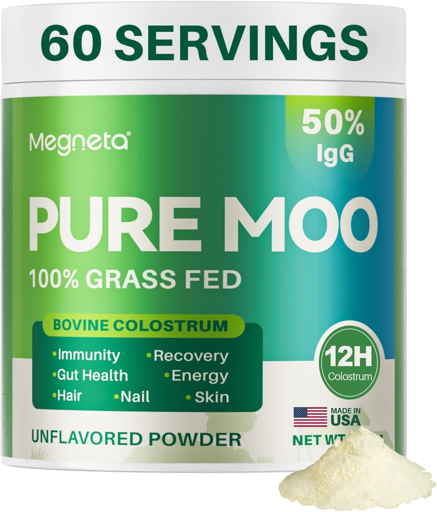 Colostrum Powder, 12H First Milk, 50% IgG, Græs Fed Bovine Colostrum til mennesker - Understøtter Gut Sundhed, Immun, Hår, Skin- 60 Serveringer