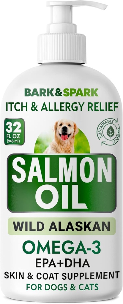 BARK & SPARK Salmon Oil for Dogs & Cats - Natural Omega-3 Fish Oil for Dogs - Skin & Coat Support - Flydende kosttilskud til kæledyr - EPA + DHA Fedtsyrer til fælles funktion, immunforsvar & hjerte sundhed 32oz
