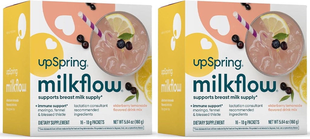 UpSpring Milkflow immunstøtte Amning Supplement Drink Mix Fenugreek- Free, Moringa Budd124; Elderberry Lemonade Flavor Budd124; Amning Supplement til Support Breast Milk Supply 124; 2 Pack