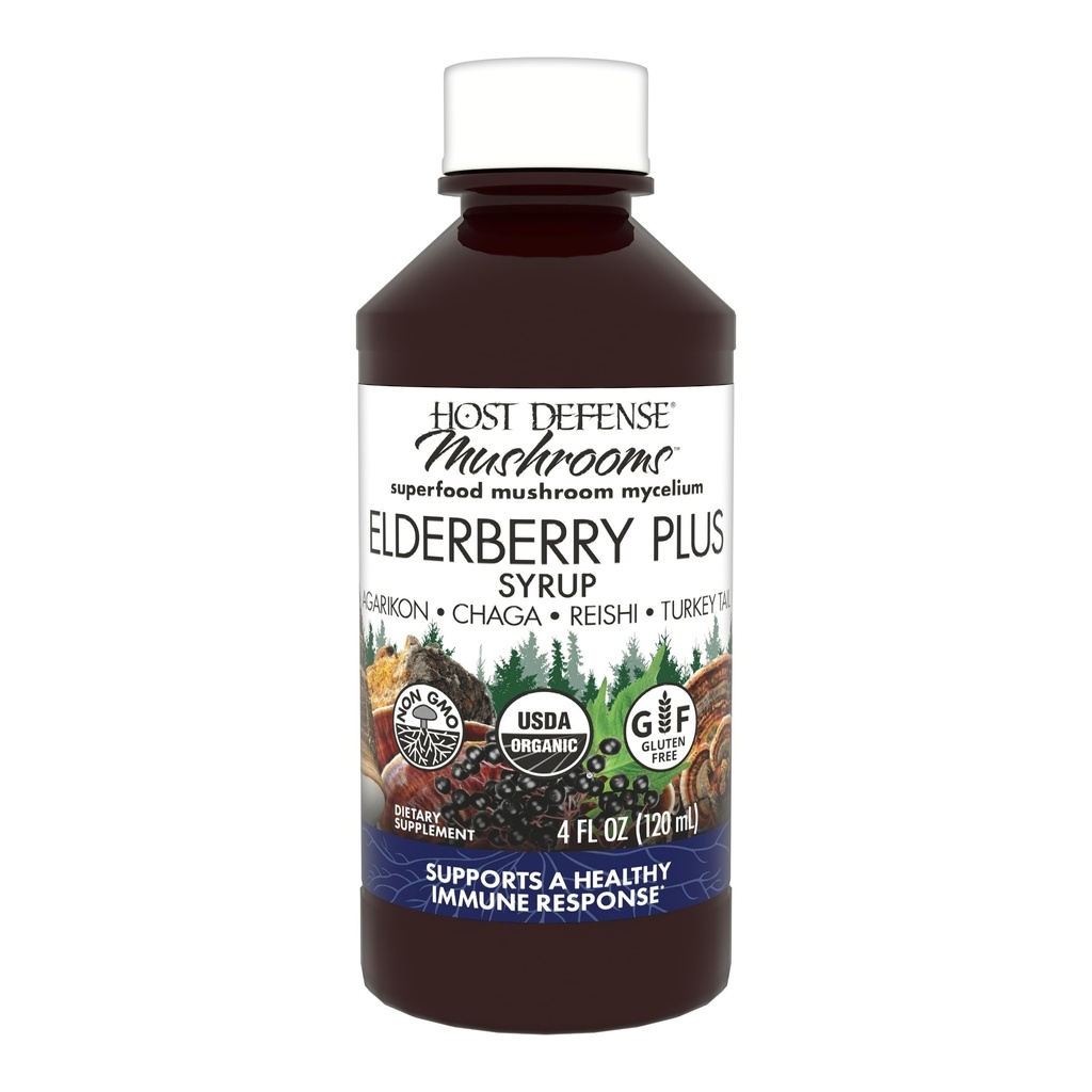Værtsforsvar Elderberry Plus Syrup - immunforsvar, luftveje og lunger Support * - Liquid Mushroom Supplement med Tyrkiet Hale, Reishi, Agarikon & Chaga * - 4 fl oz (12 Servere)