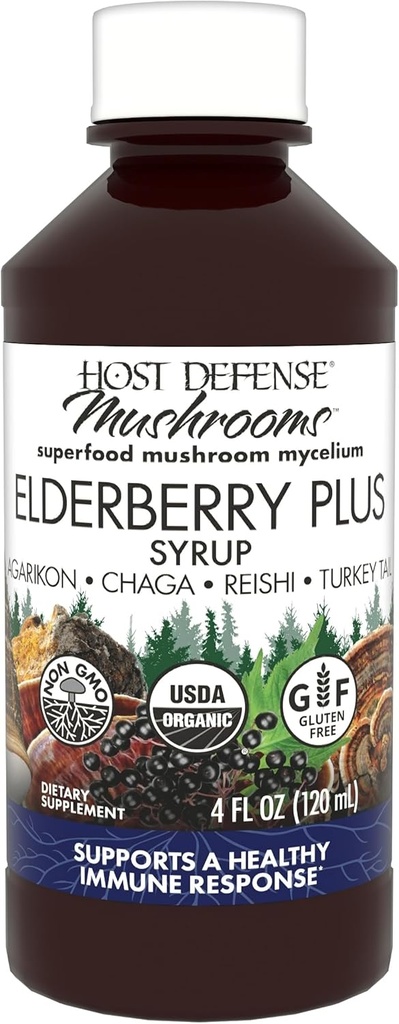 Værtsforsvar Elderberry Plus Syrup - immunforsvar, luftveje og lunger Support * - Liquid Mushroom Supplement med Tyrkiet Hale, Reishi, Agarikon & Chaga * - 4 fl oz (12 Servere)