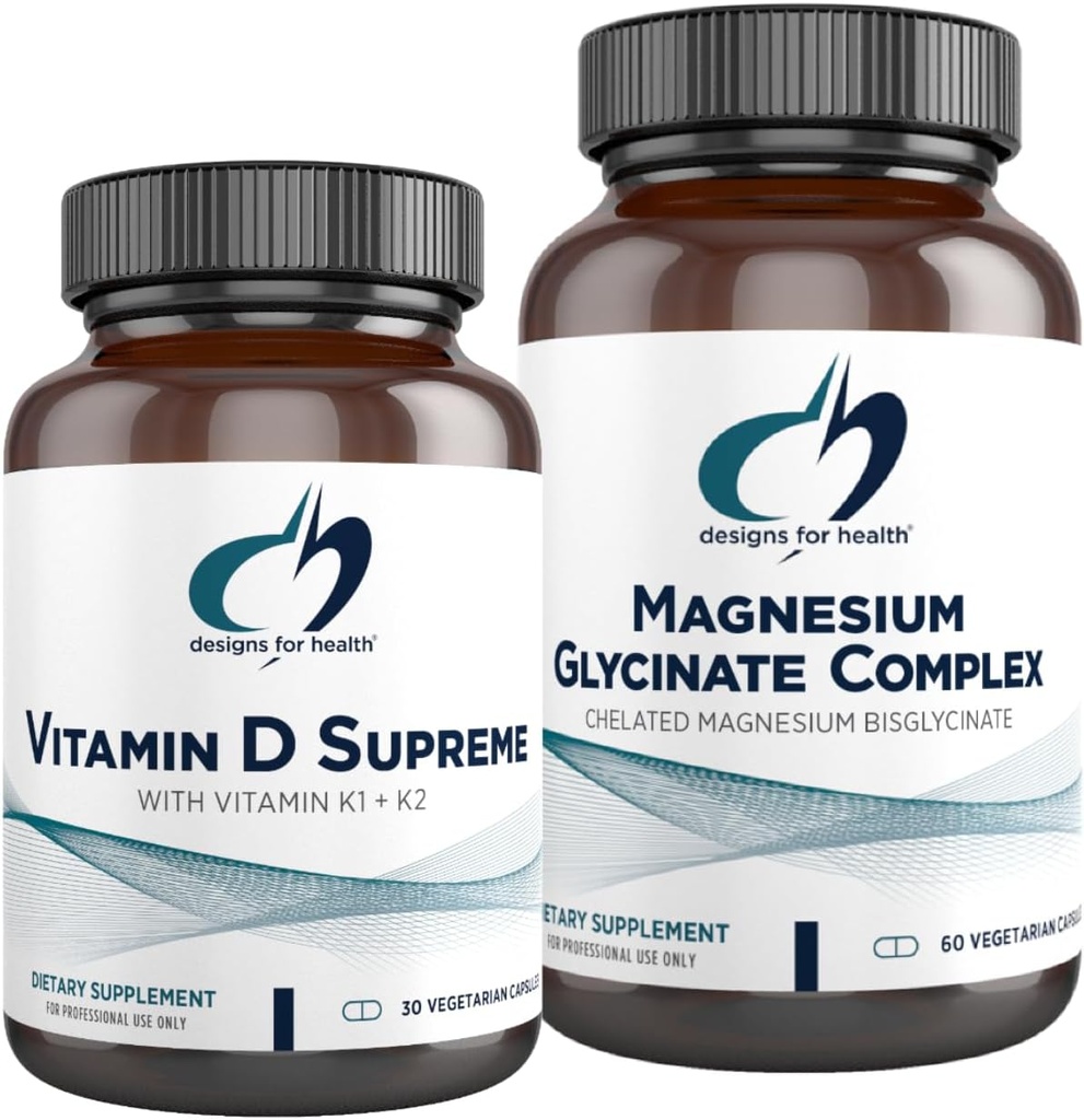 Designs for Designs for Health Magnesium Glycinate Complex (60 kapsler) & D-vitamin Supreme (30 softgel) - Høj Absorption Magnesium med 5000 IE D3- vitamin og vitamin K2 / K1 - ben, immun & mood