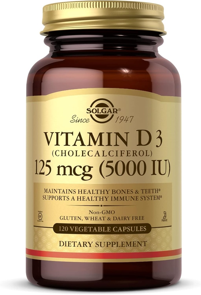 Solgar vitamin D3 (Cholecalciferol) 125 mcg (5000 IE), 120 Vegetabilske kapsler - Hjælper bevare sunde knogler & tænder - immunsystem support - ikke-GMO, Gluten fri, Dairy Free, Kosher - 120 Servere