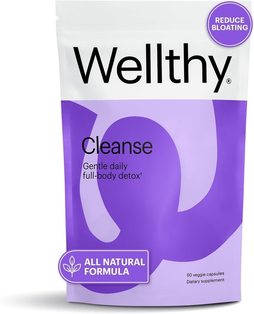 Wellthy Full Body Detox og immunforsvar - Avanceret fordøjelsessundhed, Gut Cleanse og Bloating Relief - All Natural Formel med Milk Thistle, Mælkebøtte Extract og L- Carnitin Medical 124; 30-Day Supply